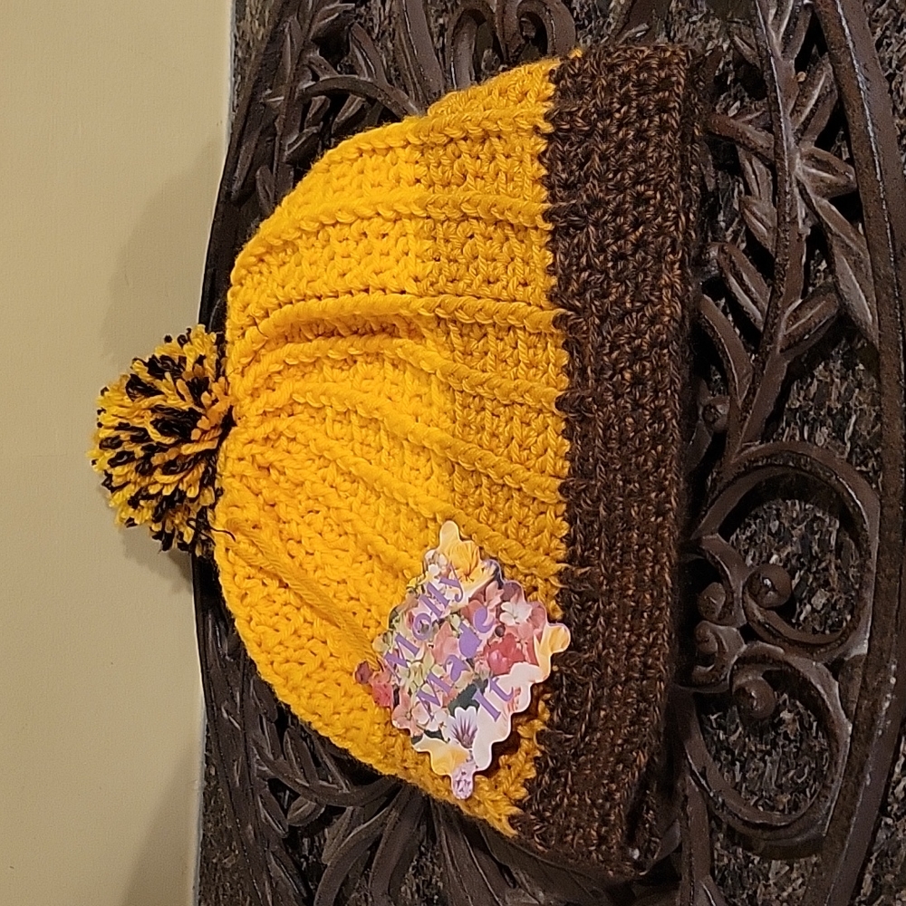 Handmade pom-pom hat beanie with fleece lining at ears crochet